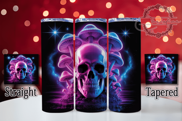 3D Neon Skull Mushroom Tumbler Wrap: Vibrant Digital Design