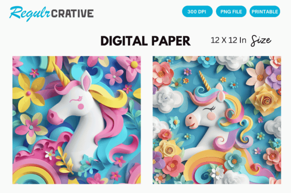 3D Watercolor Unicorn Digital Paper for Creative Projects