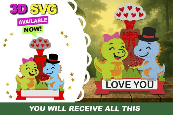 Dino Love Cake Topper 3D SVG: Instant Download Magic
