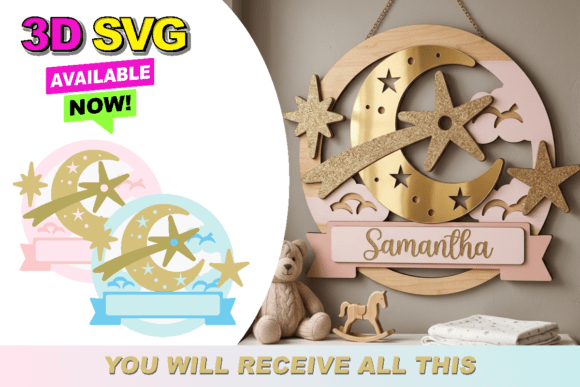 Enchanting Baby Name Sign Deer Moon Stars 3D SVG Designs